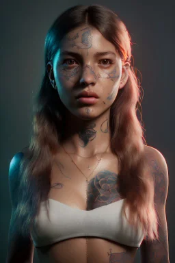 Ultra Realistic image, Rosalía artist, portrait, small complexion, natural small busty, traditional Japanese tattoo, vibrant color, highly detailed, art stations, concept art, smooth, unreal engine 5, god rays, ray tracing, RTX, lumen lighting, ultra detail, volumetric lighting.