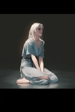 Dnd character on her knees. A female Aaismar twilight cleric with white hair and blue eyes, wearing gray robes. Etreal, beautiful, sexy