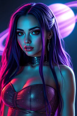 VERY BEAUTIFUL WOMAN FROM THE PLANET SATURN, WITH CYBER CLOTHING ON HER BODY, LONG PURPLE HAIR WITH A PURPLE AURA ON HER BODY