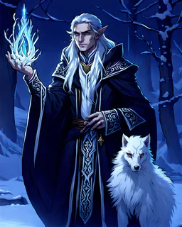 a young High Elf frost Wizard with long wiry hair, wearing a black trimmed white nobleman's robe and frost ornaments on clothes, with a small weasel on his shoulder