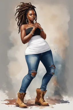 Create a watercolor image of a curvy black female wearing tight cut up jeans and a off the shoulder white tshirt with timberland boots. Prominent make up with hazel eyes. Highly detail dread locs