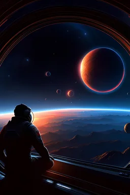 A man is looking at the stars from the window of his spaceship while a huge planet rises beyond the horizon, several spaceships are battling in front of the planet.