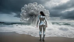 Wide-angle shot of a woman, standing to one side on a beach with huge waves, with dark hair in a silver robotic catsuit, many large jellyfish shaped like mushrooms with tentacles floating in the air, masterpiece, best quality, super detailed