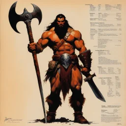 ConceptSheet: barbarian and his axe with AD&D statistics [by frank frazetta]