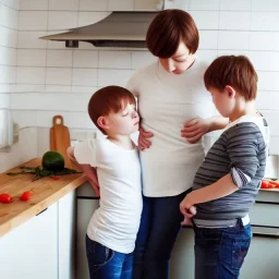 Realistic photo Russian shorthair beautiful tomboy boyish boylike young mother-in-future wide hips in kitchen