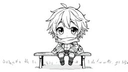 detailed graphic art style, cute anime, detailed chibi face, sitting in modern-fantasy clothes on bench, messy hair dreamline background, childbook style, detailed linework, highly detailed drawing, modern vibe, artwork, grayscale, no photorealism