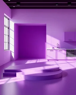 3D room studio with tabletop. Floor and wall with empty purple podium. Overlay of shadow from the window onto the tabletop. Bright violet kitchen mockup with countertop