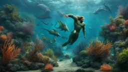 hyperrealistic 4k, sea from the movie aquaman, a lot of plants, and creature, sea animal, underwater