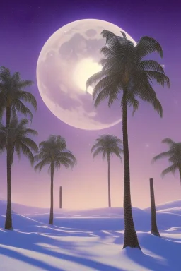 1980's aesthetic vaporwave palm trees with lighting with moon in the winter snow