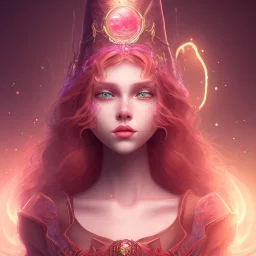 Fire witch, sweet looking, intimidating beauty, young, round face, pale skin, freckles, wild curly pink hair, red colored eyes, wearing a pink witch hat, wearing a glowing pink-red crystal necklace, pink and red eyeshadow, glossy pink lips