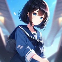 Clear focus,High resolution, Black short fluffy hair, and blue eyes, wearing a sailor uniform