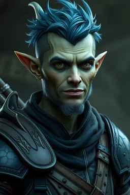 50 year old water genasi sorcerer with weathered green skin, green eyes, short blue-green hair, fin-like ears, no beard, and a half smile wearing blue and black leather armor