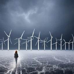 Thousands vertical wind turbines. Heavy cold rain. Strong wind. An engineer looking up. Futuristic scenary. Metallic mist.