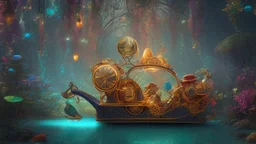 closeup shot of a beautiful glowing steampunk glass whale carriage floating on water, enchanted forest, glowing flora, bright, glowing, sparkles, 8k, incredible depth, dramatic triadic lighting, beautifully intricate details, clean environment, marvelous epic scene