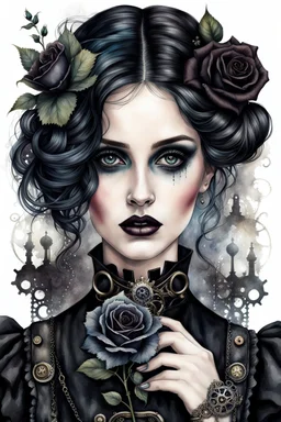 hyper photorealistic watercolor art style of a steampunk gothic style young woman with pale skin, big dark eyes, tiny nose, tiny mouth and messy dark hair , deep, dark colors, holding a black rose. She is gothic dressed, her expression is melancholic, surreal with mysterious elements. smooth blending, extremely detailed, realistic textures, cinematic, dramatic lighting