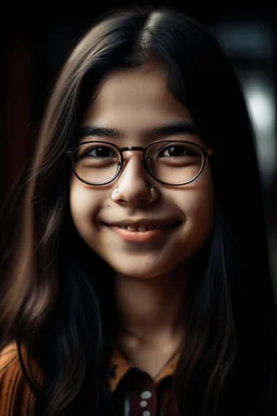 portrait of a 14 year old girl named Leila Khan, best friend of a main character of a youth novel, Malaysian, full lips, dark brown hair, glasses smiling