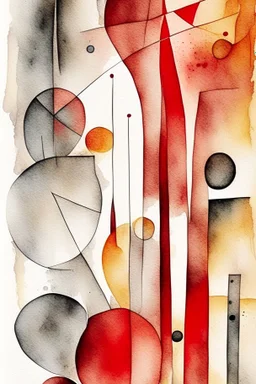 Abstract watercolour in the style of Paul Klee and Barbara Hepworth in red,grey and gold on watercolour background