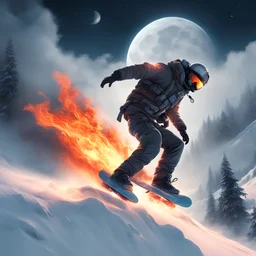 snowboarding in sky moon agressive, very detailed, fire, sci-fi