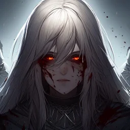 Goodness, Blood splatter, battle wounds, female, portrait, max detail, hd, Long hair, dark souls style, detailed eyes, eye color blue