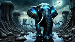 A gritty, full-body shot of an insatiably evil black opal iridescent pearlescent dark elephant in a surreal landscape, with sharp ivory teeth, macabre, Dariusz Zawadzki art style, liminal spaces, horror art, dark gaming background, wet, glossy, horror art, trypophobia, eerie, intricate details, HDR, beautifully shot, hyperrealistic, sharp focus, back lit, 64 megapixels, perfect composition, high contrast, cinematic