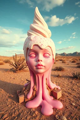 Time melting like bubble gum ice cream, a doll face dripping, surreal desert landscape