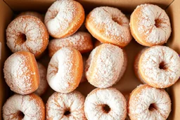 a box of fresh old-fashioned mini doughnuts completely covered in powdered sugar