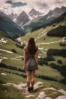 A young brunette woman in the alps. Her back is to the camera