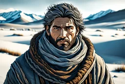 create a young, otherworldly lost Siberian nomadic wanderer with highly detailed, sharply lined and deeply weathered facial features in a desolate tundra steppe landscape ,precisely drawn, finely lined and inked in natural winter tundra colors, hyper realistic, 8k, 3d render