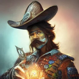 Insanely detailed photograph of an “ a mustachioed cowboy warrior "with sequenceed Sombrero, handsome charo,cigar,glowing D20 in hand, hyperdetailed painting by Ismail Inceoglu Huang Guangjian and Dan Witz CGSociety ZBrush Central fantasy art album cover art,8K, hdr, mysterious, flickeringlights ,Stoic