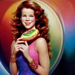 Young Robyn Lively with a beautiful and highly detailed face holding a lisa frank mcdonalds hamburger, modern American; by Daniel Gerhartz, phil noto, sienkiewicz, mucha, jim lee, manara; hyper-detailed, hyper-realistic, sharp focus; symmetrical face; textured shading, subtractive lighting, Unreal Engine, sharp focus