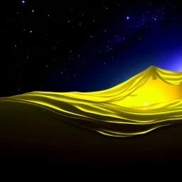 a bed flying through a dark yellow sky, golden mist, flowing fabric, starry night