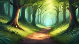 illustration {a scene showing a path leading away in a thick idyllic forest} digital art, semi-realistic, fantasy, dreamscape
