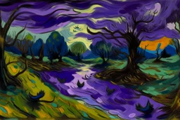 A purple swamp with bats painted by Vincent van Gogh