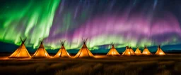Prairie landscape, aurora borealis, 3 teepees, historically authentic