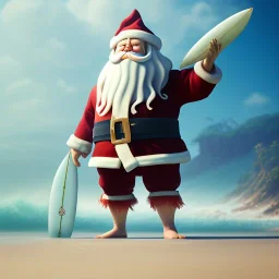 Santa standing of surfboard surfing a big wave, surfboard, beach, character design by cory loftis, fenghua zhong, ryohei hase, ismail inceoglu and ruan jia. unreal engine 5, artistic lighting, highly detailed, photorealistic, fantasy