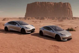 A Tesla 'Model S' is parked, in Mos Eisley on the planet Tatooine. (CINEMATIC, WIDE ANGLE LENS, PHOTO REAL)