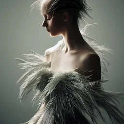 dress made out of feathers and tulle, stunning colors, chiaroscuro, fashion photography, vogue, dramatic, beautiful lighting, delicate composition, aesthetic, ballerina, ballgown