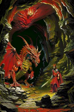 a huge red dragon guarding af treasure. inside a cave. style of Larry Elmore.