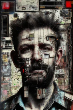 Ultra detailed medium portrait painting of a tired man, zoomed in on the lines on his face, unshaved, worried look, suicidal, broken, torn up collage of clippings, broken circuitry background, matrix effects, punk visual art, punk art aesthetic, graffiti art, pop surrealism, collage art, cluttered paint glitches