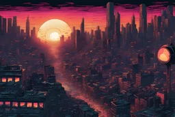 sunset, comic style, post-apocalypse city landscape, negative space, space quixotic dreams, temporal hallucination, psychedelic, mystical, intricate details, very bright neon colors and deepblack, 4K desktop, pointillism, very high contrast, chiaroscuro