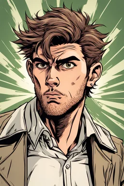 deranged young man with scruffy hair, stubble and a judgmental look on his face comic book style