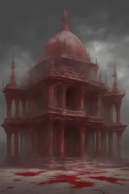 Broken temple with the floor covered in blood, detailed painting, sky of blood