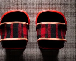 Red plaid slippers on black bearskin rug,log cabin walls, stone fireplace