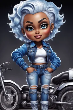 create an airbrush illustration of a chibi cartoon voluptuous black female wearing a blue jean outfit with biker boots. Prominent make up with hazel eyes. Extremely highly detail of a very low platinum blonde pixie haircut. Background of a bike show.