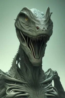 dinosaur alien, head, evil, 8k, finely detailed, photo realistic, HR Giger style