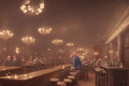 an inn, with a large dining room and a bar on one side. At the bar, a larger, older man with no hair is standing, conversing with a dwarf sitting in a bar stool on the other side. A large fireplace is lit in the center of the room. In addition to that, there are a handful of guests scattered around the room…