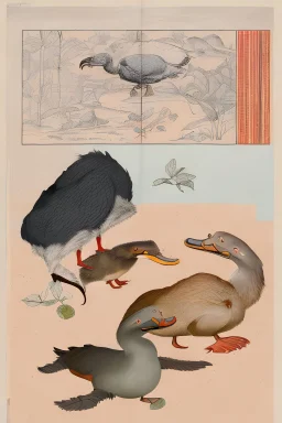 John James Audubon-like illustration of a fully uncropped Dodo bird and a Platypus in a landscape of warm yellows, warm reds, and warm blues