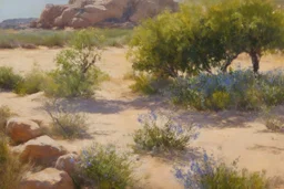 Sunny day, trees, flowers, rocks, arid land, vegetations, distant rocky mountains, sci-fi, willem maris, and otto pippel paintings