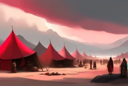 painting, landscape, artistic, illustration, artstation, black desert, black sand, bleak, pale red sky, large bustling camp, tigtly packed leather tents, vereshagin style