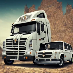 A Tesla semi-truck is parked, in 'Jemaa el-Fnaa', in Marrakesh. CINEMATIC. WIDE ANGLE LENS.